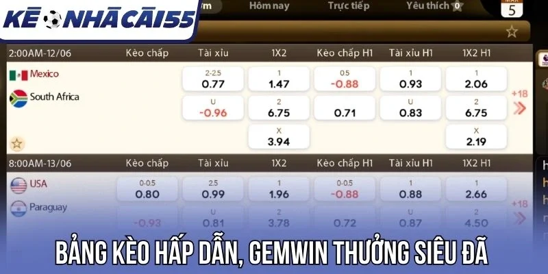 Bảng kèo hấp dẫn, Gemwin thưởng siêu đã