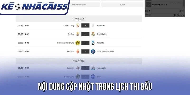 Nội dung cập nhật trong lịch thi đấu
