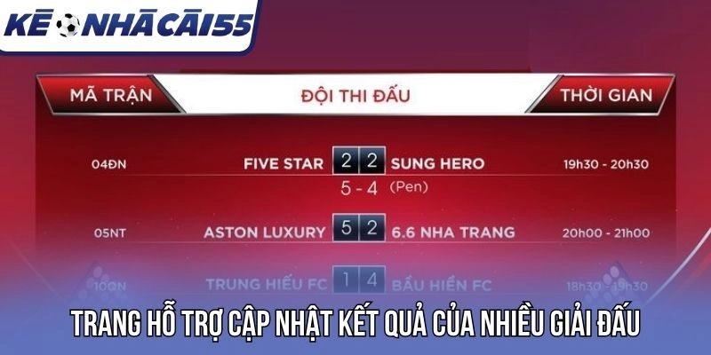Trang hỗ trợ cập nhật kết quả của nhiều giải đấu